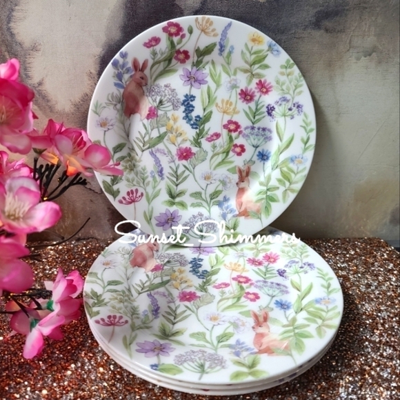 4 Gracie Bone China Wildflower Easter Bunny Rabbit Salad App Dessert Plate Set - Picture 1 of 11